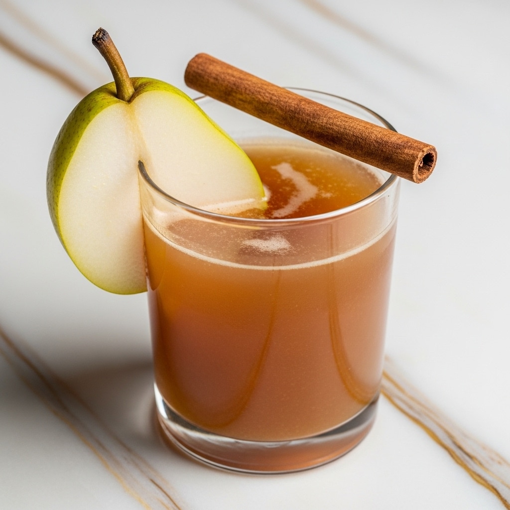 A clear glass filled almost to the top with a warm brown, slightly cloudy drink. On the rim of the glass, a fresh yellow-green slice of pear leans inward, and across the top rests a single cinnamon stick, deep brown in color with a rough texture. The glass is placed on a white marbled surface with gold streaks running through it. photo taken with an iphone --ar 4:5 --v 7