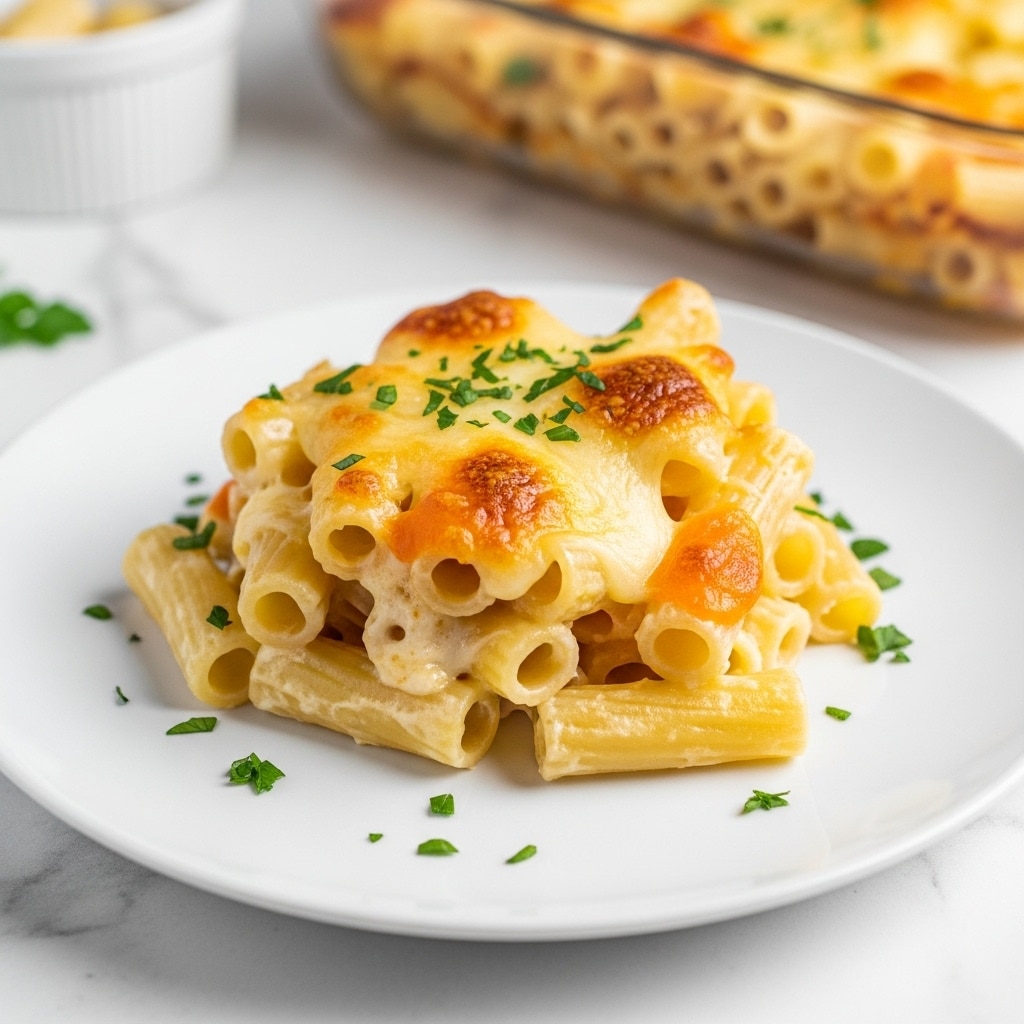 A white plate holds a serving of baked pasta made of pale tube-shaped noodles covered with a golden, bubbly cheese layer and small melted orange patches. The pasta appears creamy with a slightly browned crust on top. Finely chopped green herbs are sprinkled on the pasta mound and scattered around the plate’s edge. The backdrop is a white marbled surface with a blurred baking dish filled with more pasta and a small white bowl in the distance. photo taken with an iphone --ar 4:5 --v 7