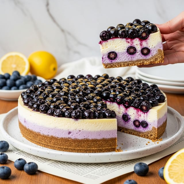 A round blueberry cheesecake with two visible layers is shown, resting on a white speckled plate placed on loose printed papers. The bottom layer is a golden brown crust with a slightly rough texture, while the thick upper layer is creamy white, smooth and soft. The top surface is covered evenly with whole blueberries that are dark purple and glistening, some areas have a golden toasted look. Woman's hand is holding a large slice above the remaining cheesecake, showing the thick creamy middle layer and the berry topping dripping slightly down the sides. The setting includes fresh blueberries scattered on a wooden table and lemon halves placed nearby with a white marbled texture background. Photo taken with an iphone --ar 4:5 --v 7