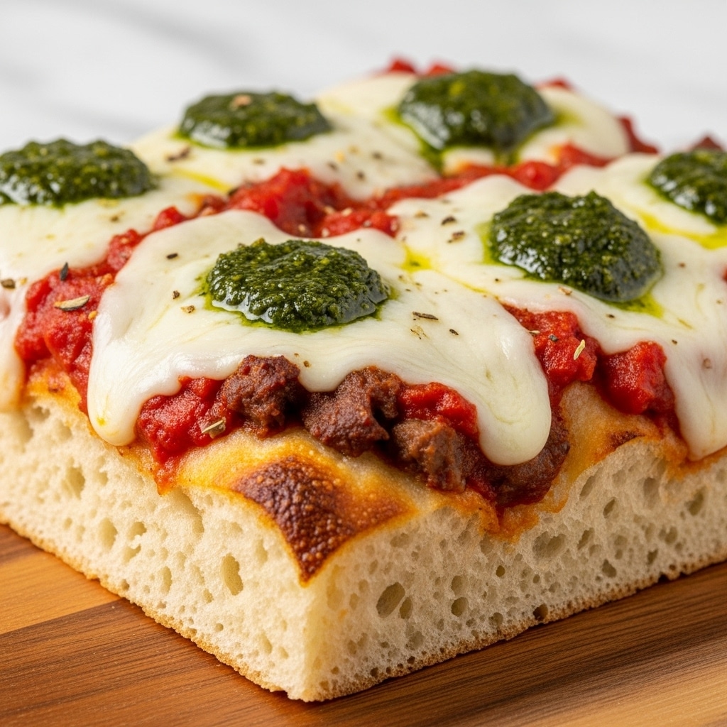The image shows a close-up of a thick square slice of pizza on a wooden board. The pizza base is golden and thick with a slightly crisp edge. On top of the base is a layer of red tomato sauce covered with melted white cheese that looks creamy and stretchy. There are dollops of green pesto scattered on the cheese, adding texture and color contrast. The sauce and cheese mix with small bits of meat or mushrooms under the cheese near the edges. The pizza has a soft, fluffy look with hints of crispy browned spots around the crust. The background is a white marbled texture. Photo taken with an iphone --ar 4:5 --v 7