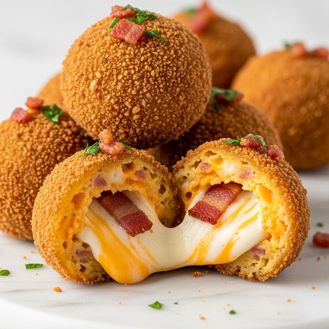 A close-up photo shows several crispy golden brown fried balls stacked together on a white marbled surface. One ball is cut open, revealing a creamy white cheese and pieces of bacon inside with bits of melted orange cheese mixed in. The outside coating is crunchy with a rough, crumbly texture, while the inside is smooth and gooey. Small green parsley flakes and tiny bacon pieces sprinkle the tops of the balls, adding color contrast and texture. photo taken with an iphone --ar 4:5 --v 7