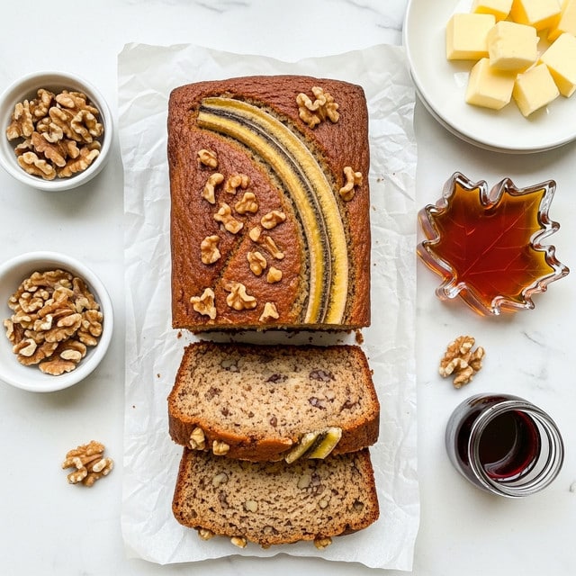 The image shows three slices of banana bread arranged on white parchment paper over a white marbled surface, with the whole loaf partially visible at the bottom. The banana bread has a light brown crumb texture, dotted with small pieces of walnuts throughout. On the top layer of the bread are split banana halves and chopped walnuts, giving a textured and slightly rustic look. The sides of the bread are golden brown, showing a slight crispiness, with the crumb looking moist and soft inside. Around the bread are small bowls and a glass jar with amber liquid, adding to the cozy feel of the scene. Photo taken with an iphone --ar 4:5 --v 7