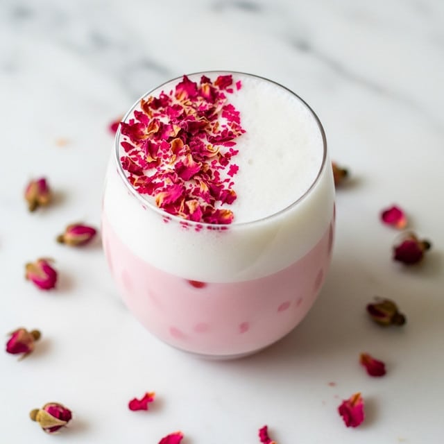 A clear glass filled with a frothy pink drink sits on a white marbled surface. The drink has two main layers: a smooth, opaque pink bottom layer and a thick white foam on top. Bright magenta flower petals are scattered on the foam forming a crescent shape on one side of the glass, with some petals and a small flower bud also spread loosely on the surface near the glass. The glass itself has soft vertical ridges, and the overall look is fresh and delicate. photo taken with an iphone --ar 4:5 --v 7