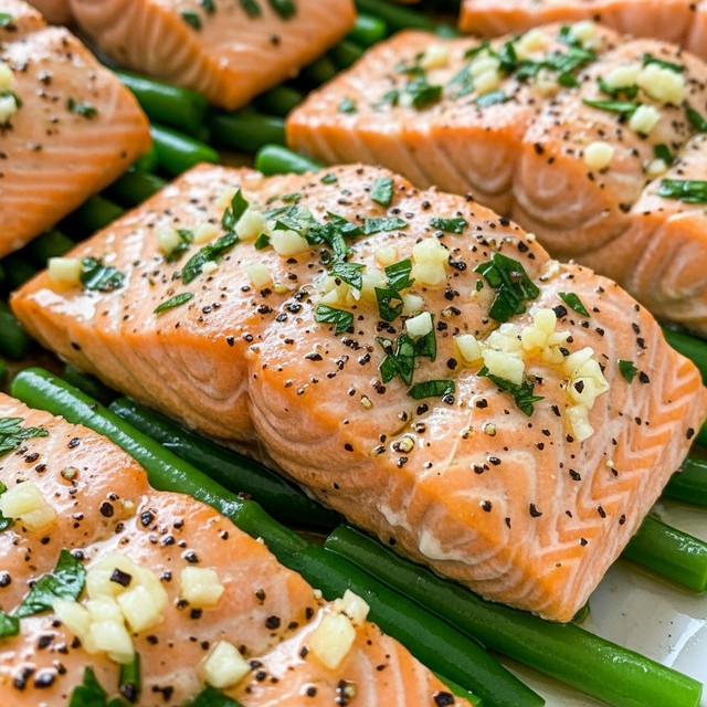 The image shows several thick salmon fillets cooked with a light golden color and moist texture, each piece topped with finely chopped garlic and small green herbs sprinkled across the surface. The fish is seasoned with coarse black pepper and tiny flakes of salt, giving it a textured and flavorful look. Below the salmon, there are hints of green vegetables, likely asparagus, adding a vibrant contrast with their bright green color and smooth texture. The close-up view emphasizes the juicy and tender nature of the salmon, with visible layers in the flesh and a light sheen of cooking juices. The whole scene is set against a white marbled texture. photo taken with an iphone --ar 4:5 --v 7
