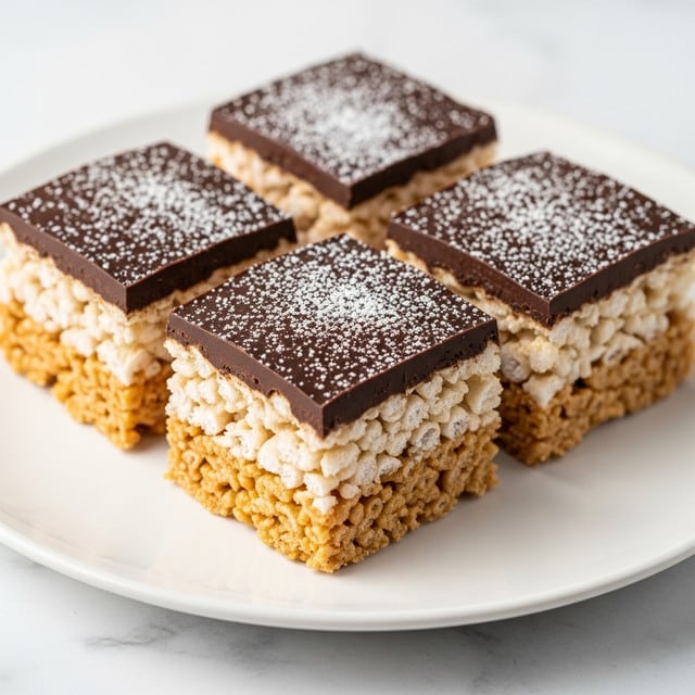 The image shows four square treats on a white rectangular plate placed on a white marbled surface. Each treat has two visible layers: the bottom layer is a light brown, crispy rice cereal with a rough texture, and the top layer is a smooth, dark chocolate with a shiny finish. The chocolate layer is dusted lightly with white powdered sugar, adding a soft contrast to the dark top. The squares are neatly cut and arranged close to each other, creating a tidy and appealing look. photo taken with an iphone --ar 4:5 --v 7