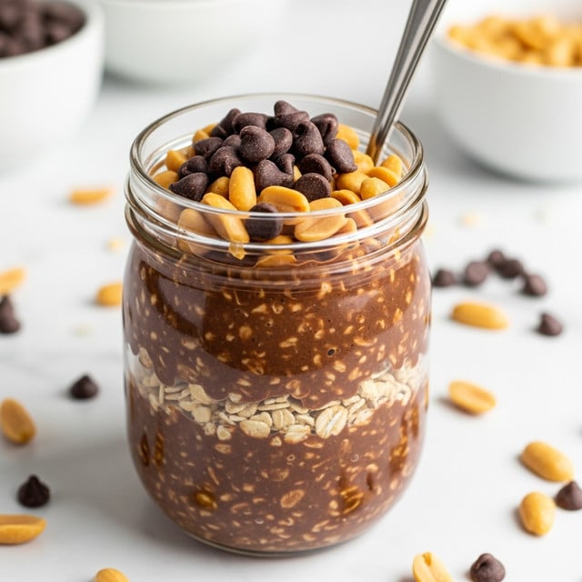 A glass jar filled with a layered mixture that looks like chocolate overnight oats, showing a thick texture with small oat pieces visible in the dark brown chocolate base. On top, there is a layer of butterscotch-colored peanut pieces mixed with dark chocolate chips mainly positioned in the center. A metal spoon is placed inside the jar, leaning to the right. The jar sits on a white marbled surface scattered with peanut pieces and chocolate chips around it. The background is softly blurred with white bowls containing similar ingredients. Photo taken with an iphone --ar 4:5 --v 7