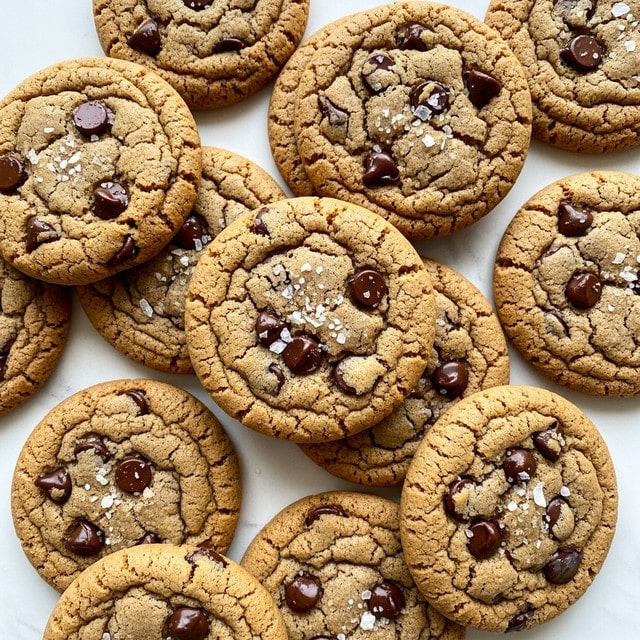 A close-up of a pile of round chocolate chip cookies scattered on a white marbled surface, each cookie showing a golden-brown color with a slightly cracked texture and dark chocolate chips sprinkled throughout; some cookies have a light dusting of coarse sea salt on top, adding a slight sparkle to the rough cookie surfaces, with cookies overlapping each other creating depth in the image photo taken with an iphone --ar 4:5 --v 7
