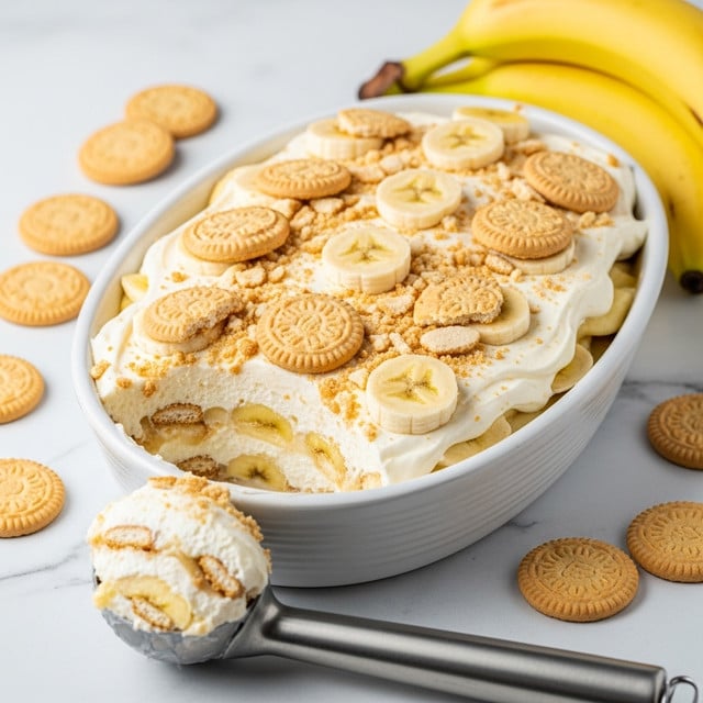 A white oval dish filled with a layered banana pudding dessert sits on a white marbled textured surface, topped with visible banana slices and crushed round beige cookie pieces. The dessert shows multiple creamy white layers with soft yellow banana slices and crumbled cookies mixed in, creating a mix of smooth and crunchy textures. An ice cream scoop at the front holds a portion of the dessert, showing the layers and creamy texture. Scattered around the dish are whole round beige cookies, and a bunch of ripe yellow bananas rests to the right. photo taken with an iphone --ar 4:5 --v 7