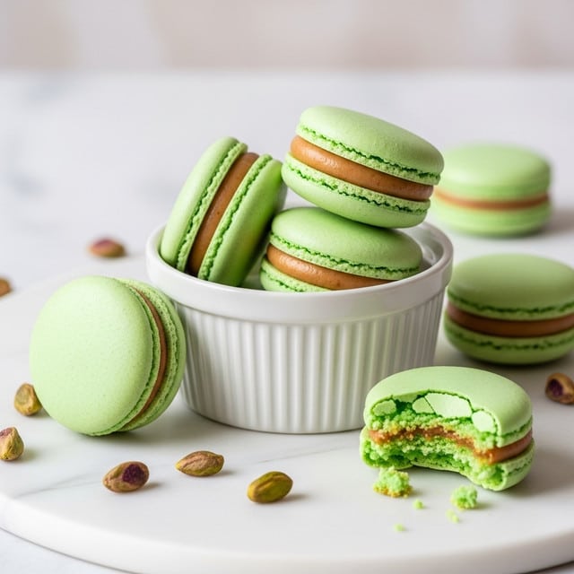 A small white bowl with ridges holds three light green macarons stacked on top of each other, each with a thick light brown filling in the middle. Surrounding the bowl, there are three more macarons lying on a white marbled surface, one of which is bitten showing a crumbly texture inside. Small green pistachio pieces are scattered around the macarons, adding contrast. The background is plain with a light soft tone. photo taken with an iphone --ar 4:5 --v 7