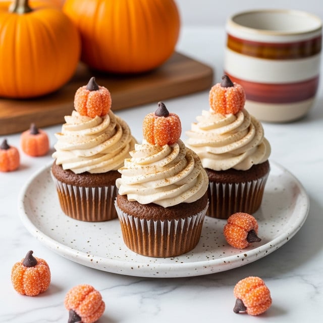 The image shows three brown cupcakes on a white speckled plate, each topped with a tall swirl of light beige frosting sprinkled with a fine dusting of cinnamon or spice. On top of the frosting of each cupcake sits a small, sugar-coated orange pumpkin-shaped decoration with a dark brown tip, resembling a chocolate chip stem. Around the plate on a white marbled surface are a few more of the small pumpkin decorations in shades of orange and light brown. In the blurred background are two real orange pumpkins on a wooden board and a ceramic cup with brown, cream, and red stripes. Photo taken with an iphone --ar 4:5 --v 7