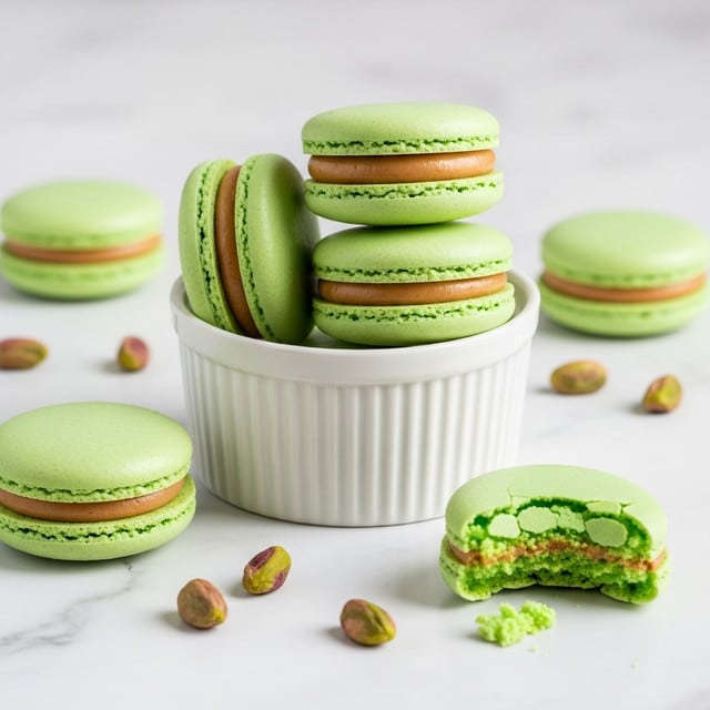 A white fluted pedestal bowl holds three pale green macarons with a light brown creamy filling, stacked neatly inside. Around the bowl on a white marbled surface, four more macarons are placed—two lying flat, one standing upright showing its filling, and one broken open revealing a soft, airy green interior with bits of filling. Scattered pistachio nuts add small pops of green and brown around the macarons. The background is a soft, plain white wall, creating a clean and fresh look. photo taken with an iphone --ar 4:5 --v 7