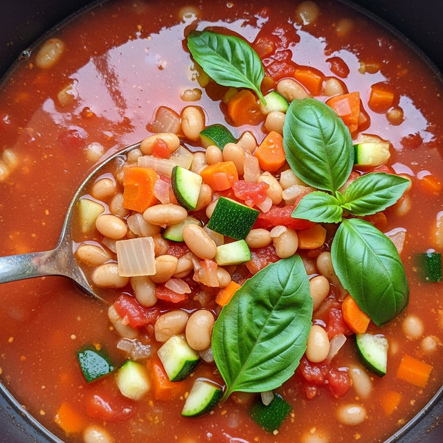 The image shows a close-up of a thick vegetable soup in a black pot, filled with white beans, small pasta tubes, and diced vegetables like orange carrots, green zucchini, and onions in a bright red tomato-based broth. Green leafy herbs are scattered on top, adding a fresh touch to the rich and chunky texture. A silver soup ladle is partially dipped into the soup, lifting a scoop full of the colorful ingredients. The rich colors of red, white, green, and orange combine with the brothy texture to make the dish look warm and hearty. Photo taken with an iphone --ar 4:5 --v 7