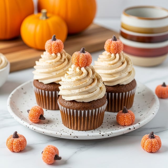 Three pumpkin cupcakes sit on a white speckled round plate on a white marbled surface. Each cupcake has a brown baked base with vertical ridges from the paper liner, topped with a tall swirl of white frosting dusted lightly with cinnamon. On top of each swirl is a small sugar pumpkin decoration, orange with ridges and a dark brown tip. Around the plate are more small sugar pumpkins, some orange and some light brown. In the background, out of focus, there are whole pumpkins on a wooden board and a brown and red striped mug. Photo taken with an iphone --ar 4:5 --v 7
