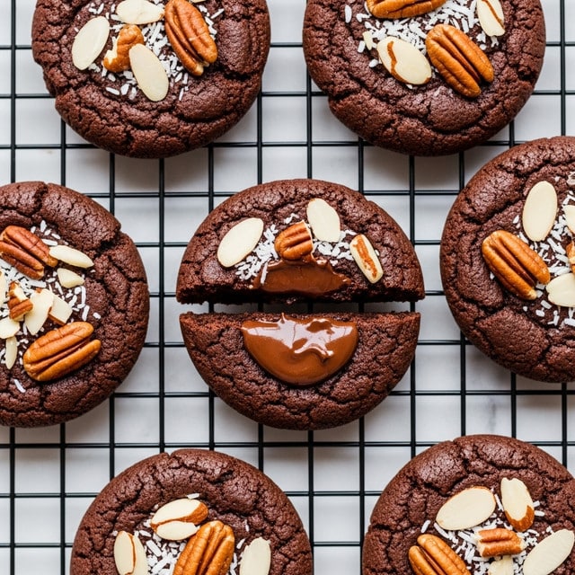 The image shows several round dark brown chocolate cookies on a white marbled surface with a metal cooling rack. One cookie in the center is broken in half, revealing a melted, gooey chocolate center. The cookies are topped with chopped pecans, sliced almonds, and small white coconut flakes. The texture of the cookies looks soft and slightly cracked on the edges. photo taken with an iphone --ar 4:5 --v 7