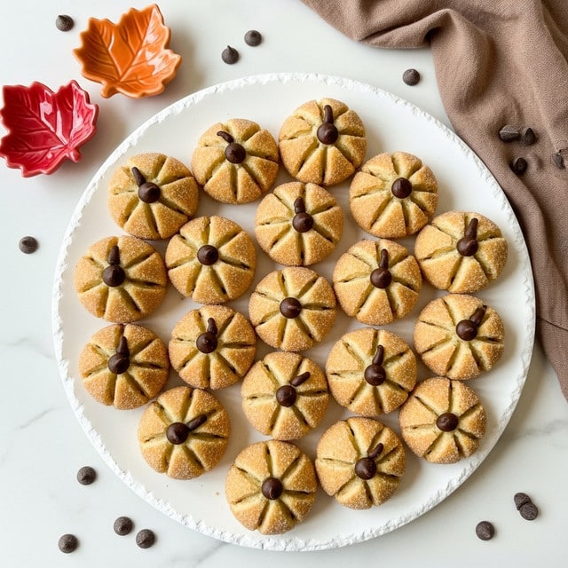 A round white plate with a rough edge holds many small, pumpkin-shaped cookies that are light brown and coated in sugar. Each cookie has visible grooves carved into it to mimic pumpkin ribs and a single dark chocolate chip placed at the top center, acting as a pumpkin stem. The cookies vary slightly in size but all share the same detailed texture. The plate is set on a white marbled surface and there are two small leaf-shaped dishes in red and orange placed near the top left corner of the image. A soft brown cloth is partially visible in the top right background, with scattered chocolate chips on the surface around the plate. Photo taken with an iphone --ar 4:5 --v 7