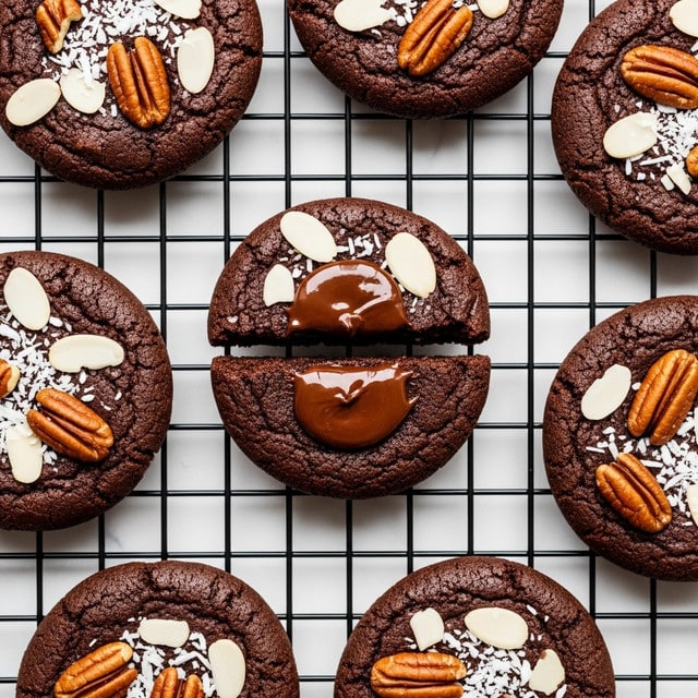 A close-up top view of rich chocolate cookies arranged on a white marbled surface lined with a black cooling rack, each cookie having a thick texture and dark brown color. One central cookie is split in half, showing a glossy, melted chocolate center. The cookies are topped with scattered white almond slices, whole pecans, and small white coconut flakes, creating a mix of smooth and crunchy textures on the deep chocolate base. Photo taken with an iphone --ar 4:5 --v 7