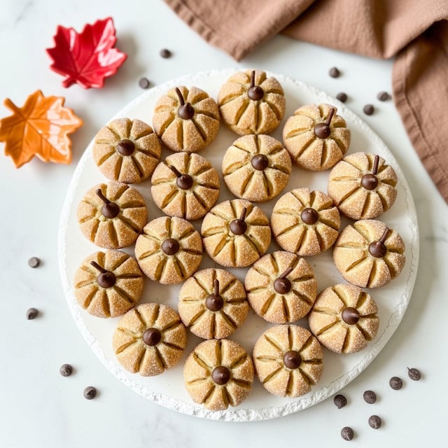A round white plate with a rough edge holds 20 small pumpkin-shaped cookies of two different sizes arranged close together. Each cookie is light brown with a sugar-like texture on the surface, featuring distinct vertical grooves to mimic pumpkin segments. A single dark brown chocolate chip is placed at the center top of each cookie. The plate sits on a white marbled surface scattered with a few extra chocolate chips. In the background, there are two small maple leaf-shaped dishes, one red and one orange, and a folded light brown cloth partially visible. photo taken with an iphone --ar 4:5 --v 7