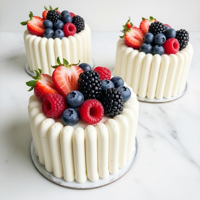 Three small round white mini cakes with ridged sides made of smooth white cream, each topped with a mix of fresh fruits including sliced strawberries, whole blueberries, raspberries, and dark blackberries, arranged attractively on top. The cakes are placed on a flat surface with a white marbled texture, creating a clean and simple background. The focus is on the detailed texture of the cream and the bright colors of the berries on top. photo taken with an iphone --ar 4:5 --v 7