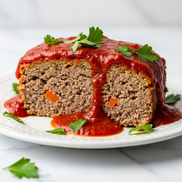 A thick meatloaf slice sits on a white plate, showing a dense, finely textured inside layer of cooked ground meat mixed with bits of onion and carrot. The top layer is covered with a thick, shiny, deep red tomato sauce that drips slightly on the plate, garnished with fresh green parsley leaves scattered atop and around. The plate sits on a white marbled surface, adding a clean and bright look to the presentation. Photo taken with an iphone --ar 4:5 --v 7