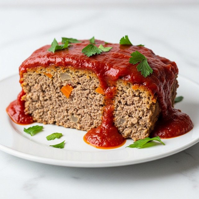 A thick, rectangular slice of meatloaf sits on a white plate, with a dark brown, coarse texture showing cooked ground meat mixed with small bits of onion and carrot inside. The top layer is a shiny, rich red tomato-based sauce covering the entire top and dripping slightly down the sides, garnished with scattered, bright green fresh parsley leaves. The plate rests on a white marbled surface, with additional green parsley pieces placed around it as decoration. photo taken with an iphone --ar 4:5 --v 7