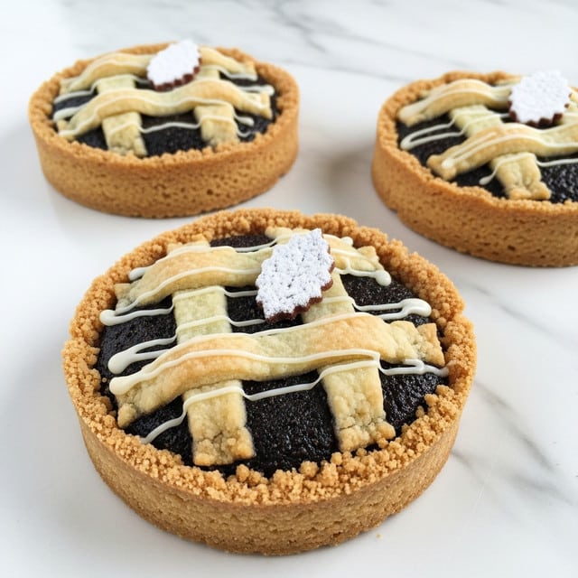 Three small round tarts are placed on a white marbled textured surface. Each tart has a thick golden-brown crust base, filled with a dark, textured filling that looks slightly glossy. The tarts are topped with a lattice pattern made of a lighter golden dough, drizzled with thin white icing lines. Two of the tarts have small white powdered sugar decorations shaped like leaves placed on top. The focus is on the tart in the front with the other two slightly blurred behind it. photo taken with an iphone --ar 4:5 --v 7