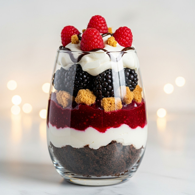 A clear glass dessert cup holds five layers starting with a dark, crumbly chocolate cake base, topped by a thick, glossy, deep red berry sauce. Above this is a smooth white cream layer, followed by whole blackberries and chunks of crumbly light brown cookie pieces. The top layer has dollops of white whipped cream decorated with more cookie crumbs and a drizzle of dark chocolate sauce, crowned by bright red raspberries. The glass sits on a surface with white marbled texture and warm yellow lights are blurred softly in the background. Photo taken with an iphone --ar 4:5 --v 7
