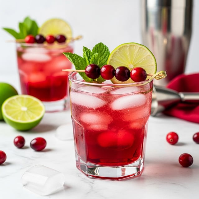 The image shows a clear glass filled with a red drink and ice cubes, with two layers visible: a deep red bottom layer and a lighter red top mixed with clear ice cubes. It is garnished on top with a slice of lime, fresh green mint leaves behind the lime, and a skewer of cranberries resting on the rim. The glass sits on a white marbled surface, with another similar drink slightly blurred in the background along with a silver cocktail shaker. Some lime halves, loose cranberries, and a red cloth add color around the glass. Photo taken with an iphone --ar 4:5 --v 7
