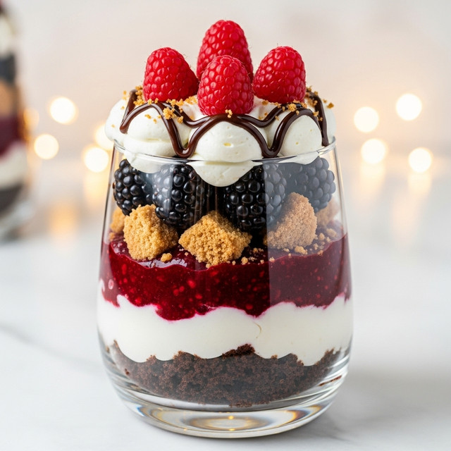 A clear glass dessert cup filled with five layers: at the bottom, a dark chocolate cake layer with a moist texture; above it, a thick deep red berry sauce; followed by a smooth white cream layer; then a layer of chunky crushed cookies mixed with whole blackberries; and on top, two dollops of swirled white whipped cream, drizzled with dark chocolate sauce and crowned with two bright red raspberries. The dessert is set against a soft focus background with warm round lights, placed on a table with a white marbled texture, surrounded by red and gold holiday ornaments. Photo taken with an iphone --ar 4:5 --v 7