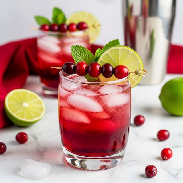 A clear glass filled with a red drink, layered with many clear ice cubes inside. At the top center, a green lime wheel is placed on the rim, along with bright green mint leaves standing upright behind it. A wooden stick skewers three dark red cranberries, placed horizontally across the top of the glass. The glass sits on a white marbled surface scattered with some loose whole cranberries and lime halves. In the background, another similar glass and a shiny metal cocktail shaker are slightly blurred, with a red cloth also visible. Photo taken with an iphone --ar 4:5 --v 7