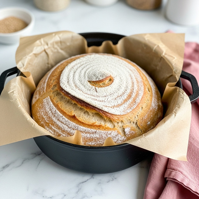 A round loaf of rustic bread with a golden brown crust sits inside a black cast iron pot lined with light brown parchment paper. The bread has a dusting of white flour on top and a deep, curved score near the center that curls slightly upward, showing a soft, airy texture beneath the crust. The pot rests on a white marbled surface with a folded pink cloth nearby and some blurred kitchen items in the background. photo taken with an iphone --ar 4:5 --v 7