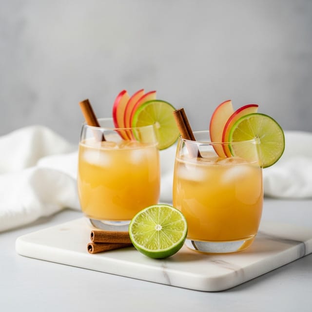 Two clear glasses filled with light orange juice and ice cubes sit on a white marbled board. Each glass is decorated with thin slices of red apple and green lime placed on the rim, along with a cinnamon stick. In front of the glasses, a half lime and an extra cinnamon stick lie on the board. The background shows a soft white cloth and a textured gray wall. photo taken with an iphone --ar 4:5 --v 7
