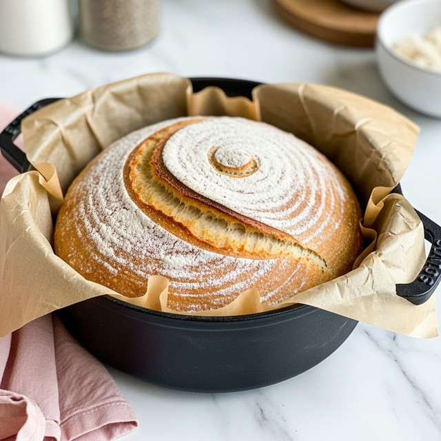 A round loaf of bread with a golden-brown crust and a light dusting of white flour on top sits inside a black cast iron pot lined with crinkled brown parchment paper. The bread shows a rustic split on the top, revealing a soft, airy texture beneath the crust. The pot is placed on a white marbled surface with a soft pink cloth partially visible to the right and a knitted grey cloth to the left. In the background, there are blurred glass jars and a brown container. Photo taken with an iphone --ar 4:5 --v 7