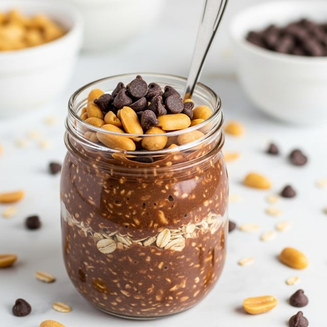 A clear textured jar filled with three main layers: the bottom and middle layers are thick dark brown chocolate oatmeal with visible oats, topped with a slightly smoother, glossy dark chocolate layer. The top layer is sprinkled with small tan peanut pieces and dark chocolate chips. A slim spoon is placed inside the jar, and around it on a white marbled surface are scattered peanut pieces and chocolate chips. In the blurred background, there are white bowls with peanut pieces and other ingredients. photo taken with an iphone --ar 4:5 --v 7