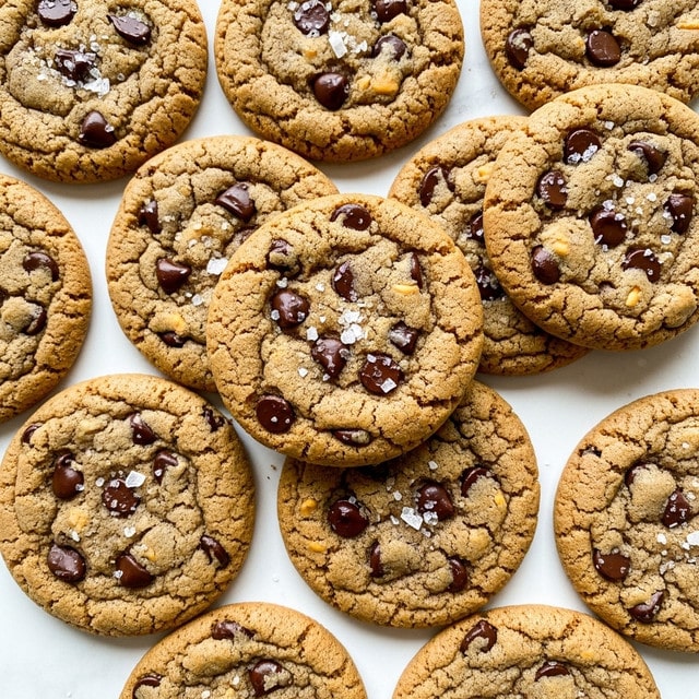 A pile of round chocolate chip cookies with a golden brown color and slightly cracked surface showing a soft texture. The cookies have dark brown chocolate chips scattered on the top and some sprinkled coarse salt crystals adding a bit of shine. The cookies are stacked and overlapping each other on a white marbled surface, creating a cozy and inviting look. Photo taken with an iphone --ar 4:5 --v 7
