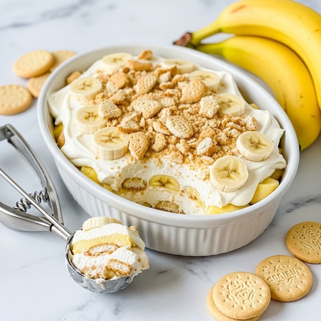 A white oval dish filled with a creamy dessert composed of three visible layers: the bottom layer has soft beige crumbled cookies, the middle layer shows thick white cream mixed with sliced bananas, and the top layer is smooth white cream sprinkled with more crumbled cookies and six banana slices evenly placed on top. A scoop of the dessert is placed on a metal ice cream scoop near the front, showing the layered texture with cream, banana slices, and cookie pieces. The dish sits on a beige cloth over a white marbled surface, with scattered small round beige cookies around, and a bunch of ripe yellow bananas with brown spots rests nearby. Photo taken with an iphone --ar 4:5 --v 7