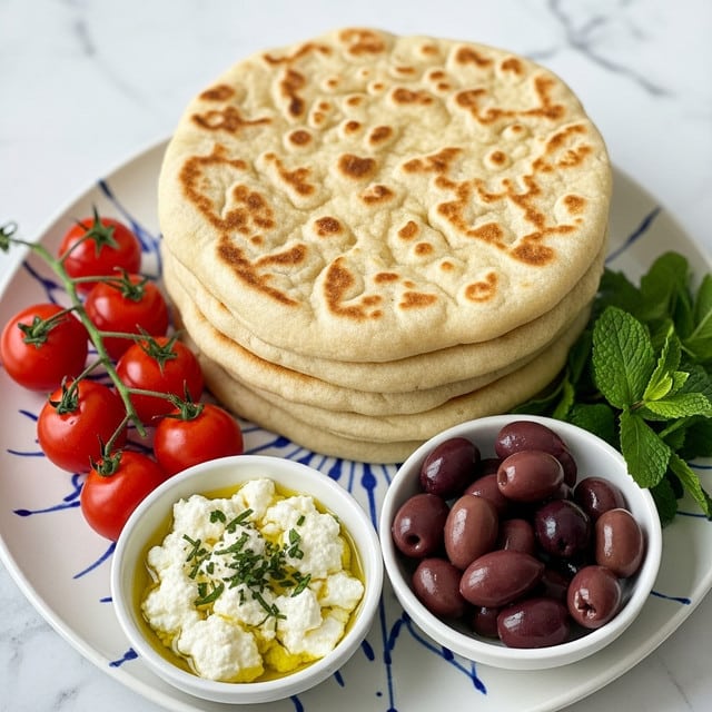 A stack of four flatbreads with light golden brown spots is placed on a white plate with blue patterns, showing their soft and slightly puffy texture. To the left of the plate, a vine of small, shiny red tomatoes adds a fresh touch, while at the bottom left, a small white bowl holds white cheese drizzled with olive oil and sprinkled with herbs. To the top right of the flatbreads, a white bowl contains shiny dark olives, and fresh green mint leaves are placed nearby on a white marbled surface. Photo taken with an iphone --ar 4:5 --v 7