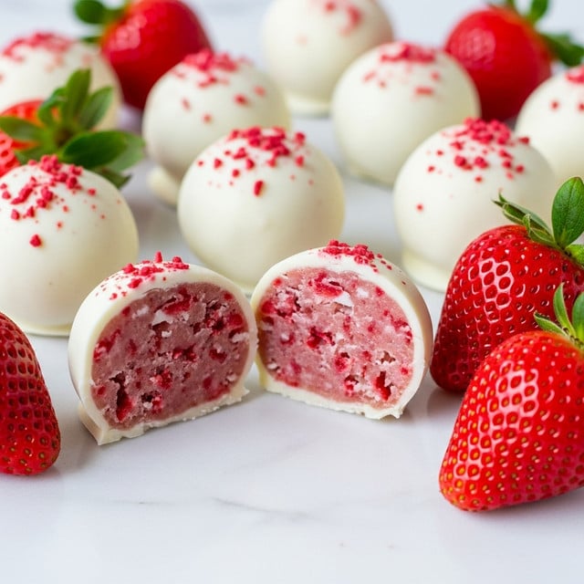 The image shows several small round white chocolate balls with a smooth outer layer and a creamy pink filling inside, speckled with tiny bits of red, suggesting strawberry pieces. The focus is on one cut piece placed centrally, revealing the soft, textured pink interior. Around the chocolate balls, there are bright red strawberries with green leafy tops, adding contrast and freshness. The background is a white marbled surface, enhancing the clean and bright feel of the image. photo taken with an iphone --ar 4:5 --v 7