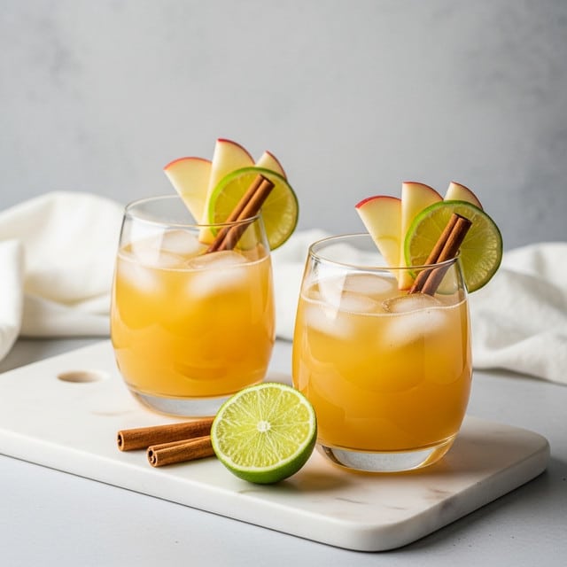 Two clear glasses filled with an orange-yellow drink and ice cubes sit on a white marbled surface, each glass garnished with a thin cinnamon stick, three thin red-edged apple slices, and a green lime slice on the rim. A half lime rests by the base of the glass in the foreground, while a cinnamon stick lies on the surface beside it. The background features a soft white textured cloth and a shiny metal cocktail shaker. Photo taken with an iphone --ar 4:5 --v 7