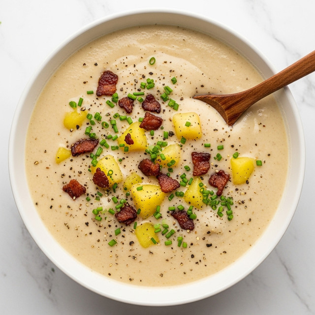 A close-up view of a creamy soup in a white bowl, showing a thick light beige base with small chunks of soft yellow potatoes floating throughout. Scattered on top are small pieces of crispy browned bacon and tiny green chives, along with a sprinkle of black pepper giving contrast. A wooden spoon is resting inside the soup, slightly dipped into the creamy texture. The background is a white marbled surface. photo taken with an iphone --ar 4:5 --v 7