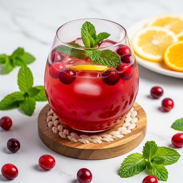 A clear glass goblet filled with a bright red drink, containing several ice cubes, whole cranberries, and small green mint leaves floating on top. The glass is placed on a round woven coaster made of light brown natural fibers, sitting on a white marbled surface. Around the glass, scattered fresh cranberries and mint leaves add detail, while blurred slices of orange and lemon can be seen in the background. The lighting is soft and natural, highlighting the refreshing look of the drink. photo taken with an iphone --ar 4:5 --v 7