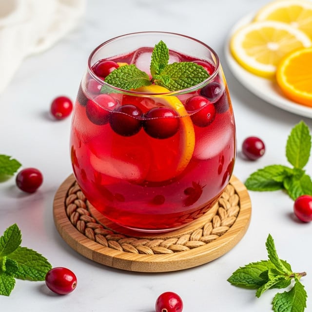 A clear glass with a wide round bowl holds a bright red drink filled with ice cubes and floating red cranberries. On top, there are fresh green mint leaves and small pieces of lemon visible inside the drink. The glass stands on a round wooden coaster with a braided center, placed on a white marbled surface scattered with extra cranberries and mint leaves around it. In the background, parts of a white plate with lemon and orange slices are visible. photo taken with an iphone --ar 4:5 --v 7