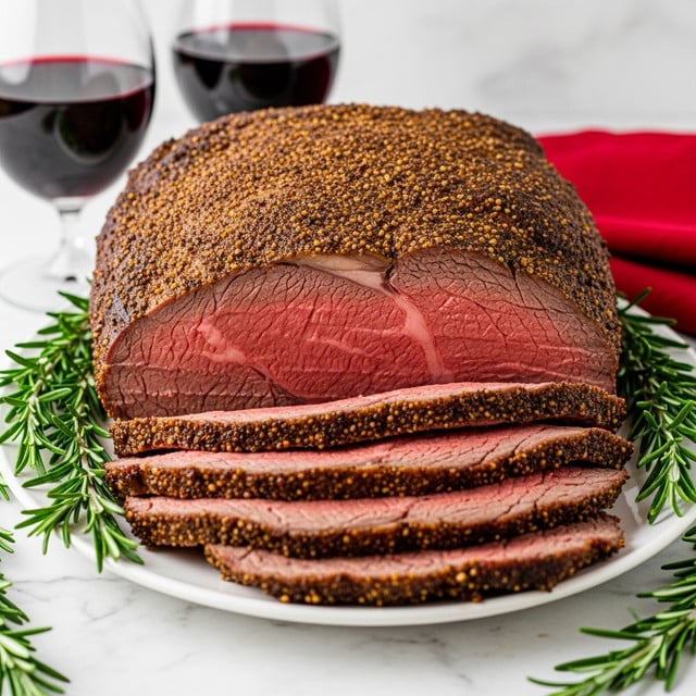A large, thick roast beef is placed on a white plate with sprigs of green rosemary around it. The roast has a rich, dark brown crust on the outside, covered with a coarse, peppery spice rub, while the inside shows a tender, juicy center in a pinkish-red color. Several thick slices are cut and layered in front of the main roast, showing the soft, slightly marbled texture of the meat. In the background, two glasses filled with red wine are slightly out of focus, all set on a white marbled surface with a red cloth partially visible. Photo taken with an iphone --ar 4:5 --v 7