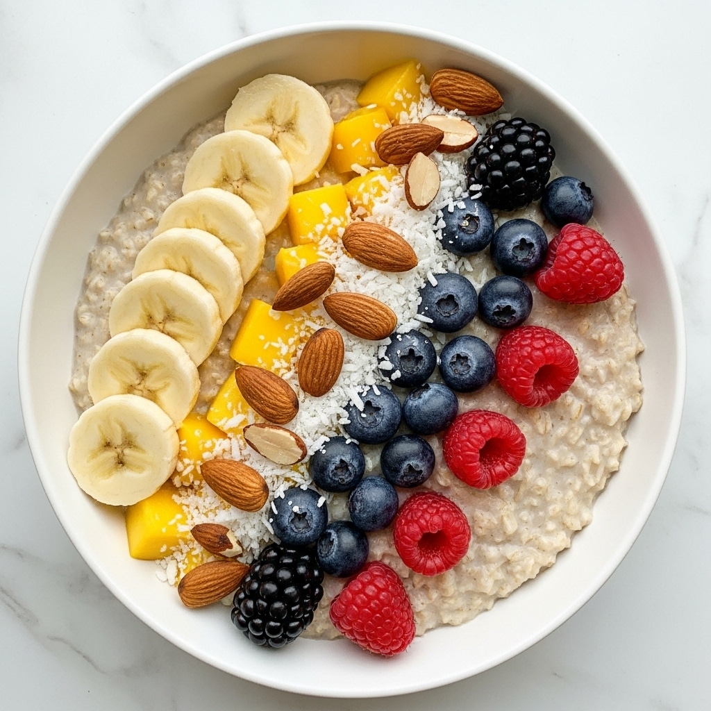 The dish is a white bowl filled with creamy oatmeal as the bottom layer. On top, there are several neat sections of sliced yellow bananas, bright yellow mango chunks, fresh dark blue blueberries, red raspberries, and blackberries arranged close to the center. Over the fruit, there are sprinkled white shredded coconut flakes and a handful of whole and sliced brown almonds scattered evenly. The bowl rests on a white marbled surface. photo taken with an iphone --ar 4:5 --v 7