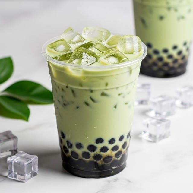 A clear plastic cup filled with three main layers: at the bottom, there are round, shiny black tapioca pearls; the middle and largest layer is a smooth, light green matcha milk tea, slightly frothy near the top; and the top layer is filled with large, clear ice cubes showing a wet, cold texture. The cup sits on a white marbled surface with a blurred second cup of the same drink in the background and some scattered ice cubes and green leaves to the side. photo taken with an iphone --ar 4:5 --v 7