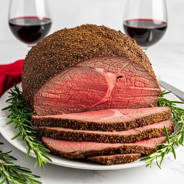 A white plate holds a large roast beef with a thick crust of herbs and spices on the outside, showing a glazed golden-brown color on top. The inside of the roast is a juicy pink with a slightly darker cooked layer near the crust. Two thick slices of the roast lie in front of the main piece, displaying the tender, moist texture with a marbled fat layer near the edges. Green rosemary sprigs are placed around the roast on the plate, which sits on a white marbled surface with a deep red cloth and two glasses of dark red wine blurred in the background. Photo taken with an iphone --ar 4:5 --v 7