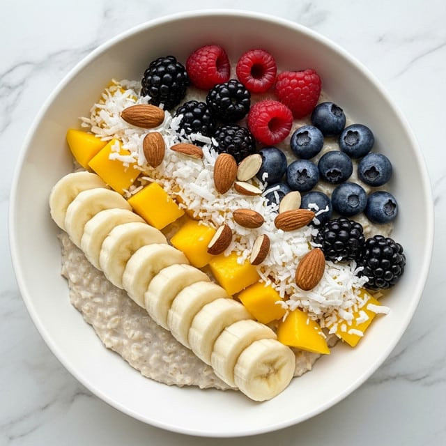 A white bowl filled with creamy oatmeal as the base layer, topped with a neat row of light yellow banana slices along one edge, bright yellow mango chunks next to the bananas, scattered plump dark blueberries and vibrant red raspberries with blackberries mixed in. The top is garnished with whole almonds, sliced almonds, and thin white coconut flakes spread evenly over the fruit and oatmeal. The bowl sits on a white marbled surface, the colors bright and fresh. photo taken with an iphone --ar 4:5 --v 7