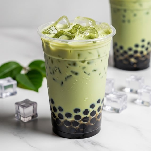 A clear plastic cup filled with three distinct layers: a bottom layer of shiny black tapioca pearls, a thick middle layer of bright green matcha milk tea with small dark flecks, and a top layer of translucent ice cubes piled high. The cup is frosted with condensation droplets, and another similar cup is blurred in the background, both set on a white marbled surface with a small green leaf and scattered ice cubes nearby. photo taken with an iphone --ar 4:5 --v 7