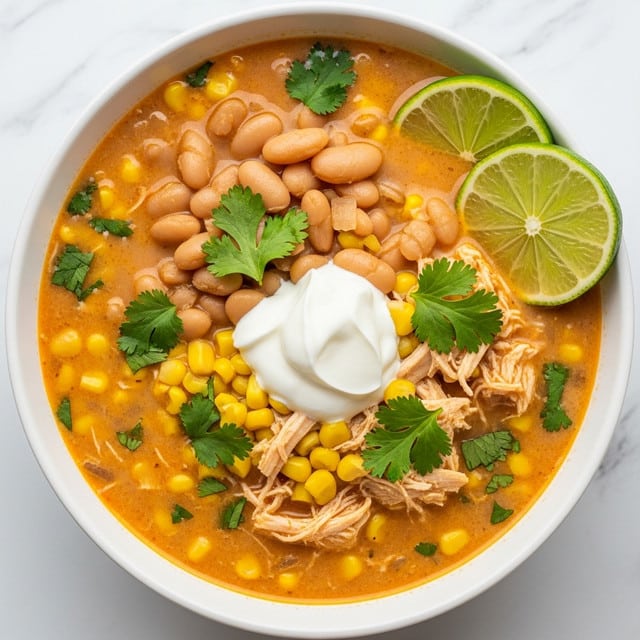 A white bowl filled with a creamy soup that has several layers visible: the base layer is light orange broth with bits of shredded chicken and yellow corn kernels mixed in, a layer of plump white beans floating on top, and a dollop of white sour cream placed in the center of the soup. Fresh green chopped cilantro is sprinkled over the sour cream and throughout the soup. Two lime slices are placed on the edge of the bowl, adding a fresh touch. The bowl sits on a white marbled surface. photo taken with an iphone --ar 4:5 --v 7
