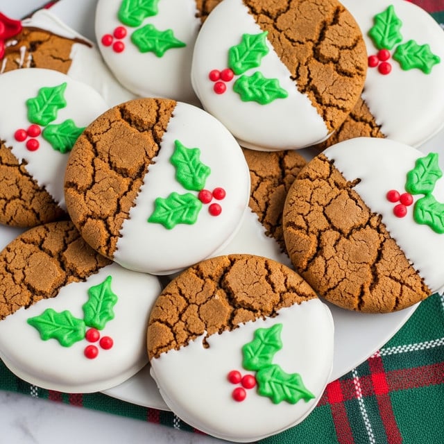 A close-up view of several round brown cookies arranged in a pile on a white marbled surface covered partially by a plaid cloth with red, green, and white colors. Each cookie is half dipped in smooth white icing, covering one side and part of the top surface. On the white icing side, there are green icing decorations shaped like holly leaves with three small red icing dots representing berries, placed near the center or edge of the white icing. The cookies have a cracked texture on the brown side, showing a slightly rough surface. The overall look is festive and colorful. photo taken with an iphone --ar 4:5 --v 7