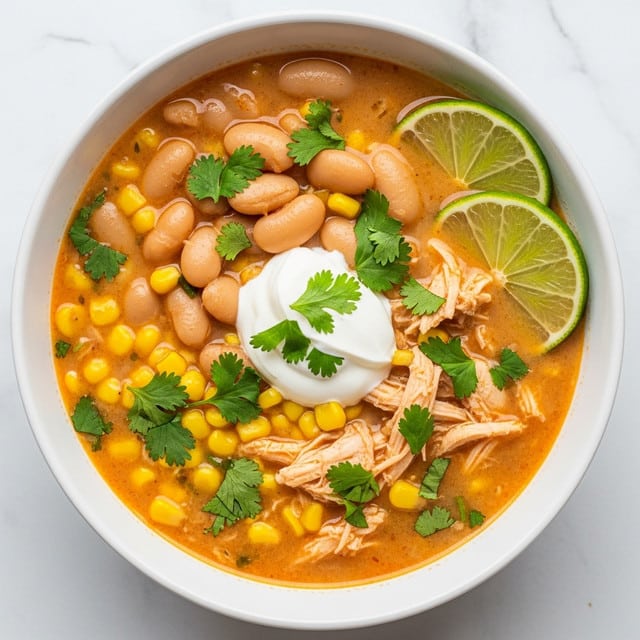 This image shows a bowl of creamy soup with several layers visible. The base layer is a light yellow soup with small pieces of shredded chicken and corn kernels. Scattered on top are whole white beans and chopped green herbs, likely cilantro, adding a fresh green color. In the center sits a dollop of white sour cream with more chopped herbs sprinkled over it. On one side of the bowl, two thin slices of lime are placed neatly, showing their pale green interior. The soup is in a white bowl set on a white marbled surface. Photo taken with an iphone --ar 4:5 --v 7